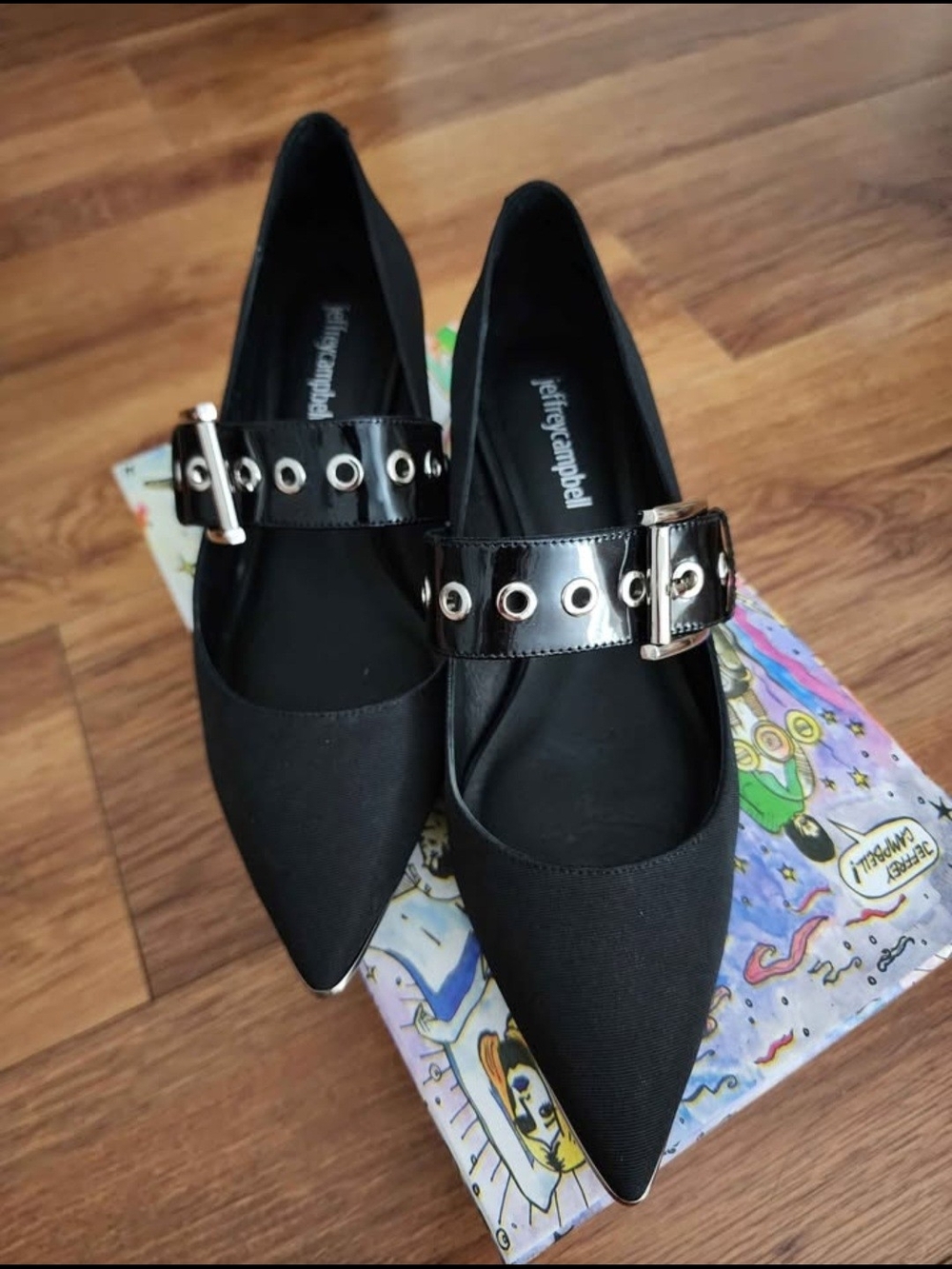 Jeffrey Campbell Black Pointed Mary Jane Flats with Silver Buckle